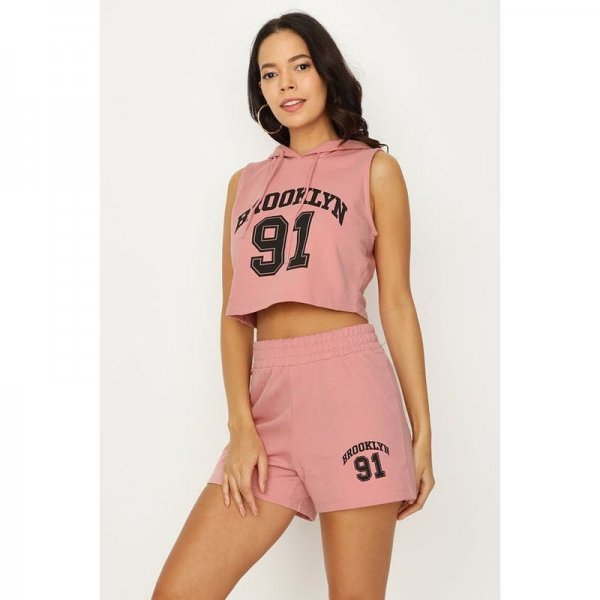 Dusty Pink Brooklyn 90 Sleeveless Hoodie & Short Set