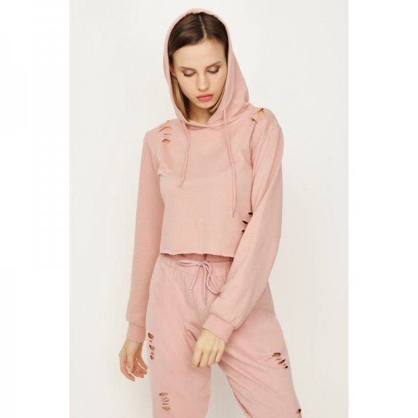 Misty Rose Ripped Crop Hoodie