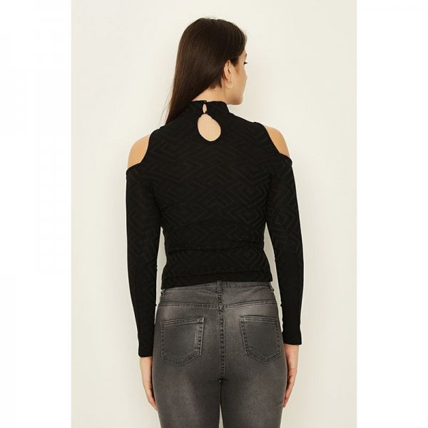 Black Cold Shoulder Geo Jacquard Top