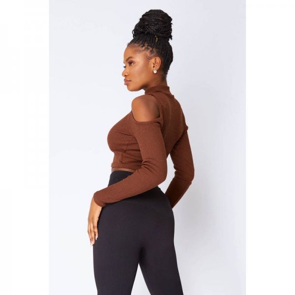 Brown High Neck Cold Shoulder Crop Jumper