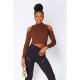 Brown High Neck Cold Shoulder Crop Jumper