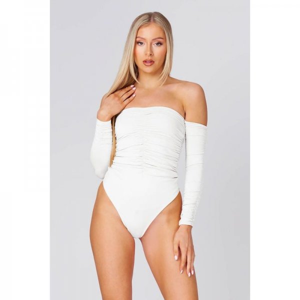 White Bardot Ruched Bodysuit