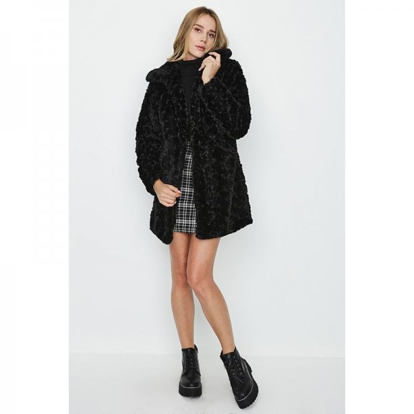 Black Textured Round Collar Coat