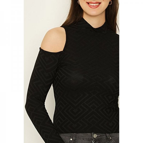 Black Cold Shoulder Geo Jacquard Top