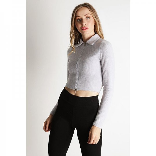 Grey Brushed Zip Collar Top