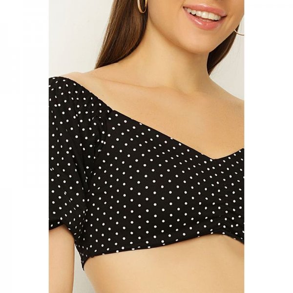 Black Polka Dot Ruched Front Puff Sleeve Co-Ord Top